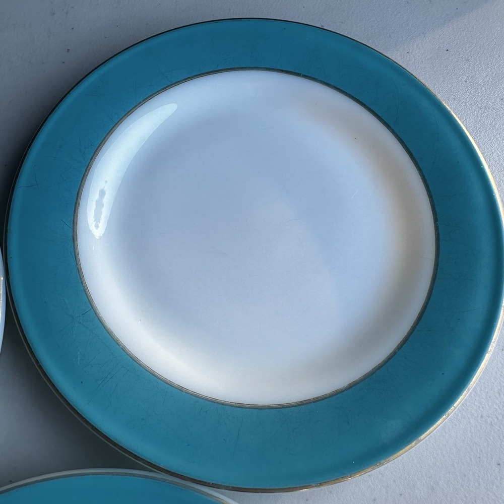 Vintage 1950's Pyrex Milk Glass & Turquoise Blue Band 8" Salad Plate Set of 3 - Picture 4 of 4